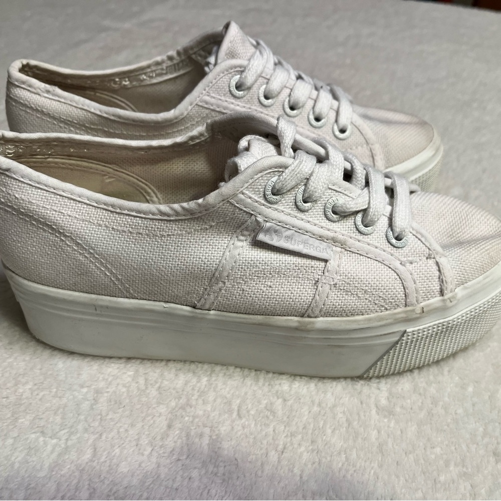 Superga White Canvas Platform Lace-Up Sneakers